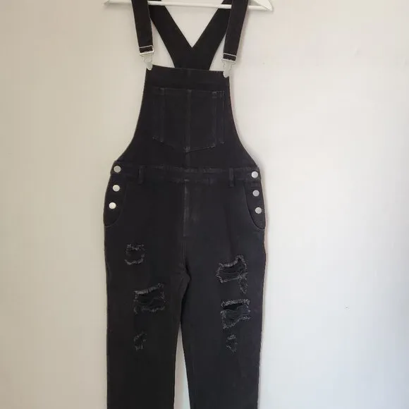 12th Tribe Runaway Girl Distressed Denim Overalls Black Cotton Blend