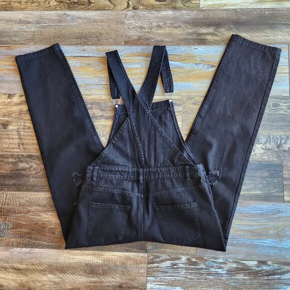 12th Tribe Runaway Girl Distressed Denim Overalls Black Cotton Blend