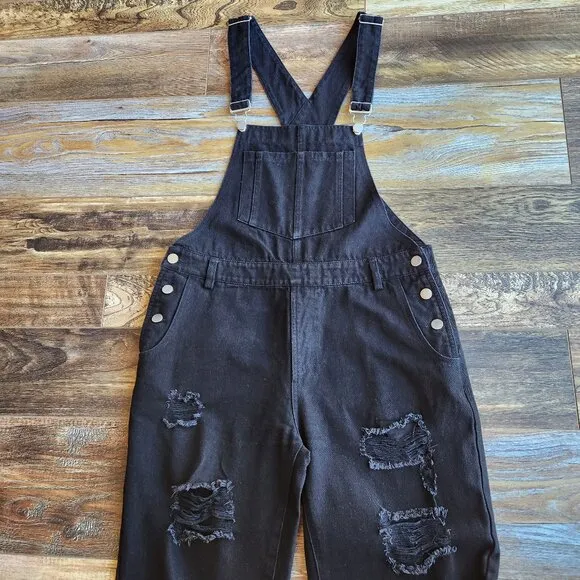 12th Tribe Runaway Girl Distressed Denim Overalls Black Cotton Blend