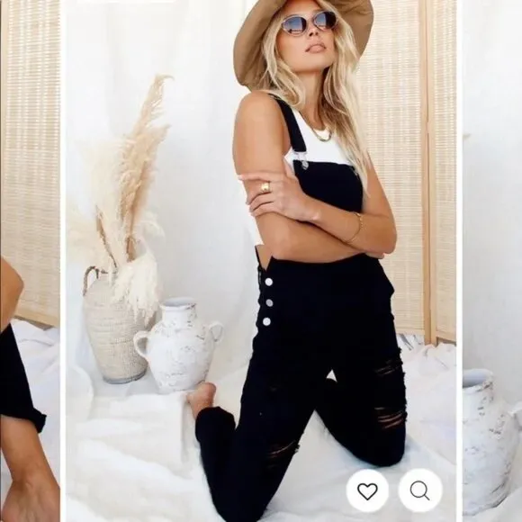 12th Tribe Runaway Girl Distressed Denim Overalls Black Cotton Blend