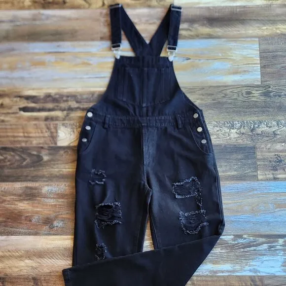 12th Tribe Runaway Girl Distressed Denim Overalls Black Cotton Blend