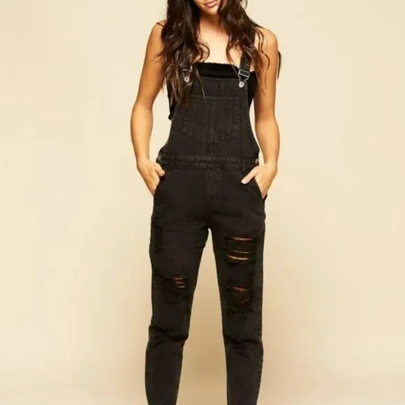 12th Tribe Runaway Girl Distressed Denim Overalls Black Cotton Blend