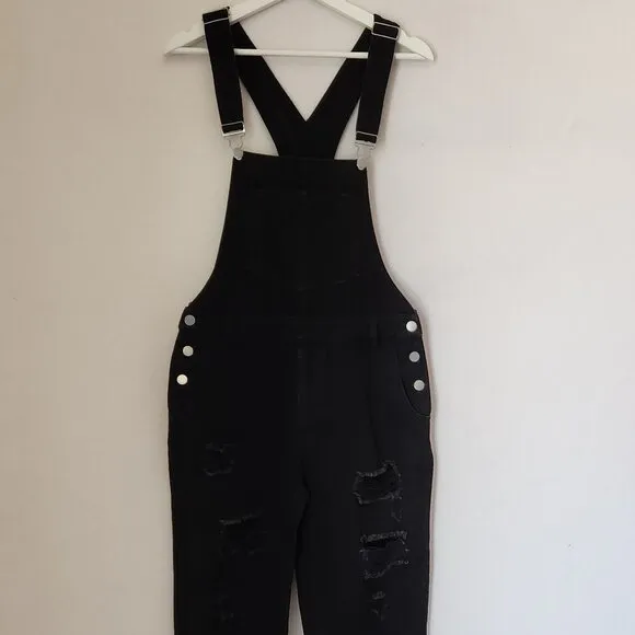 12th Tribe Runaway Girl Distressed Denim Overalls Black Cotton Blend