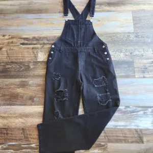 12th Tribe Runaway Girl Distressed Denim Overalls Black Cotton Blend