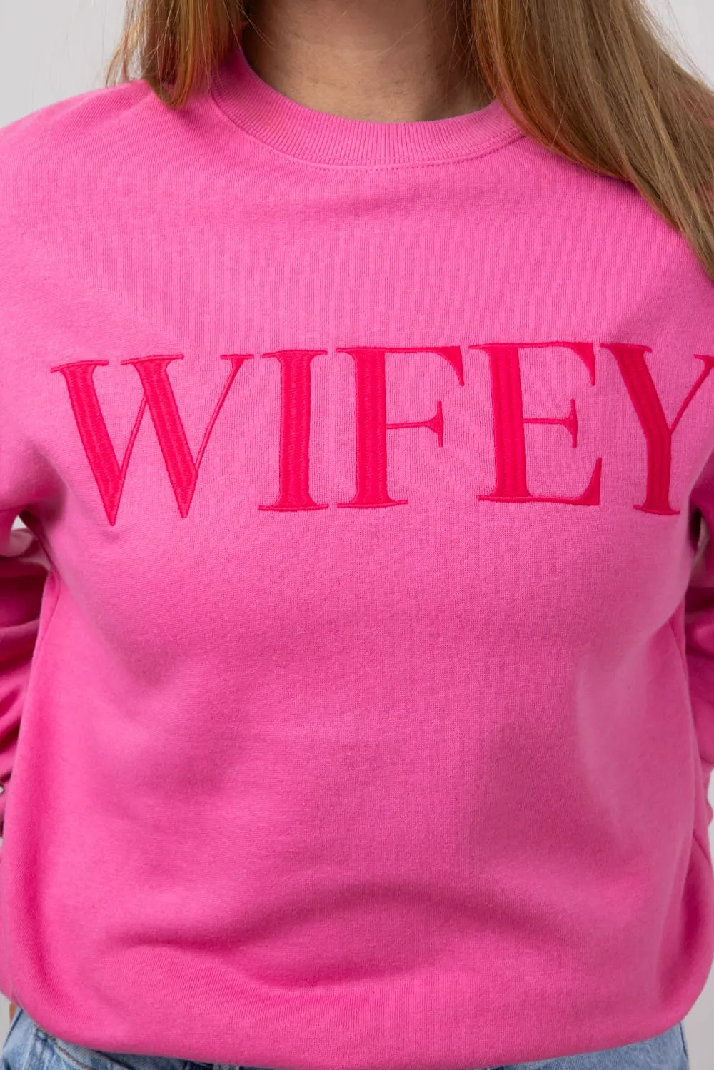 1897 Active Embroidered Wifey Fleece Sweatshirt for Women in Pink | GT078-BUBBLEGUM-WEB