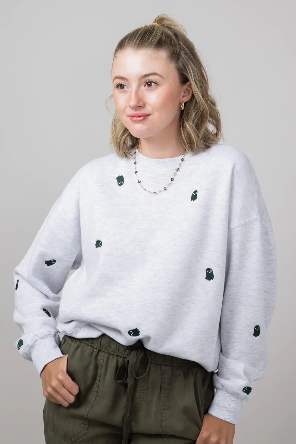 1897 Active Ghost Embroidered Sweatshirt for Women in Ice Grey | T836-ICEGREY