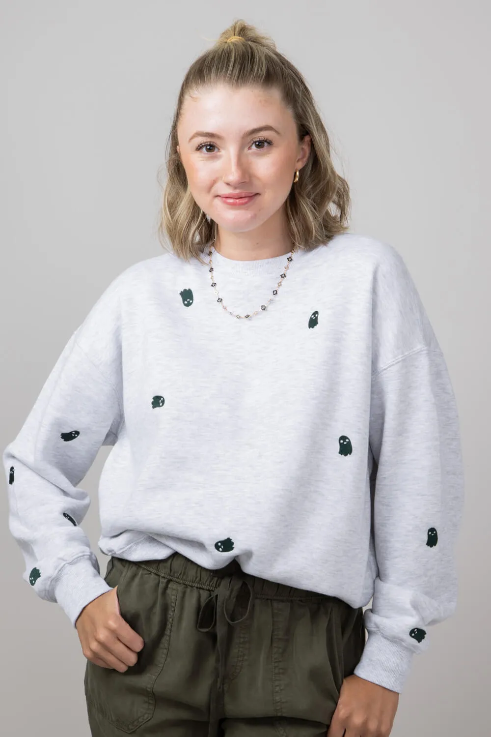 1897 Active Ghost Embroidered Sweatshirt for Women in Ice Grey | T836-ICEGREY
