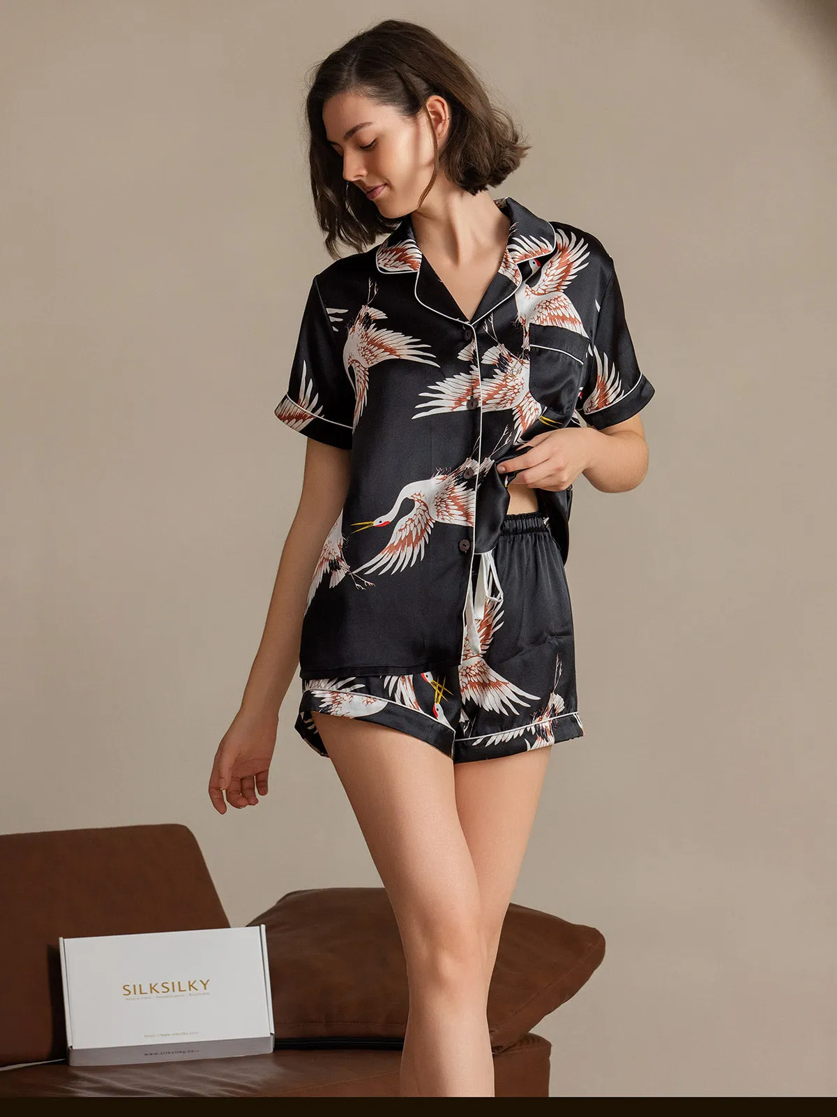 19Momme Dames 100% Moerbeizijde Kranenprint Korte Mouw Pyjama Set