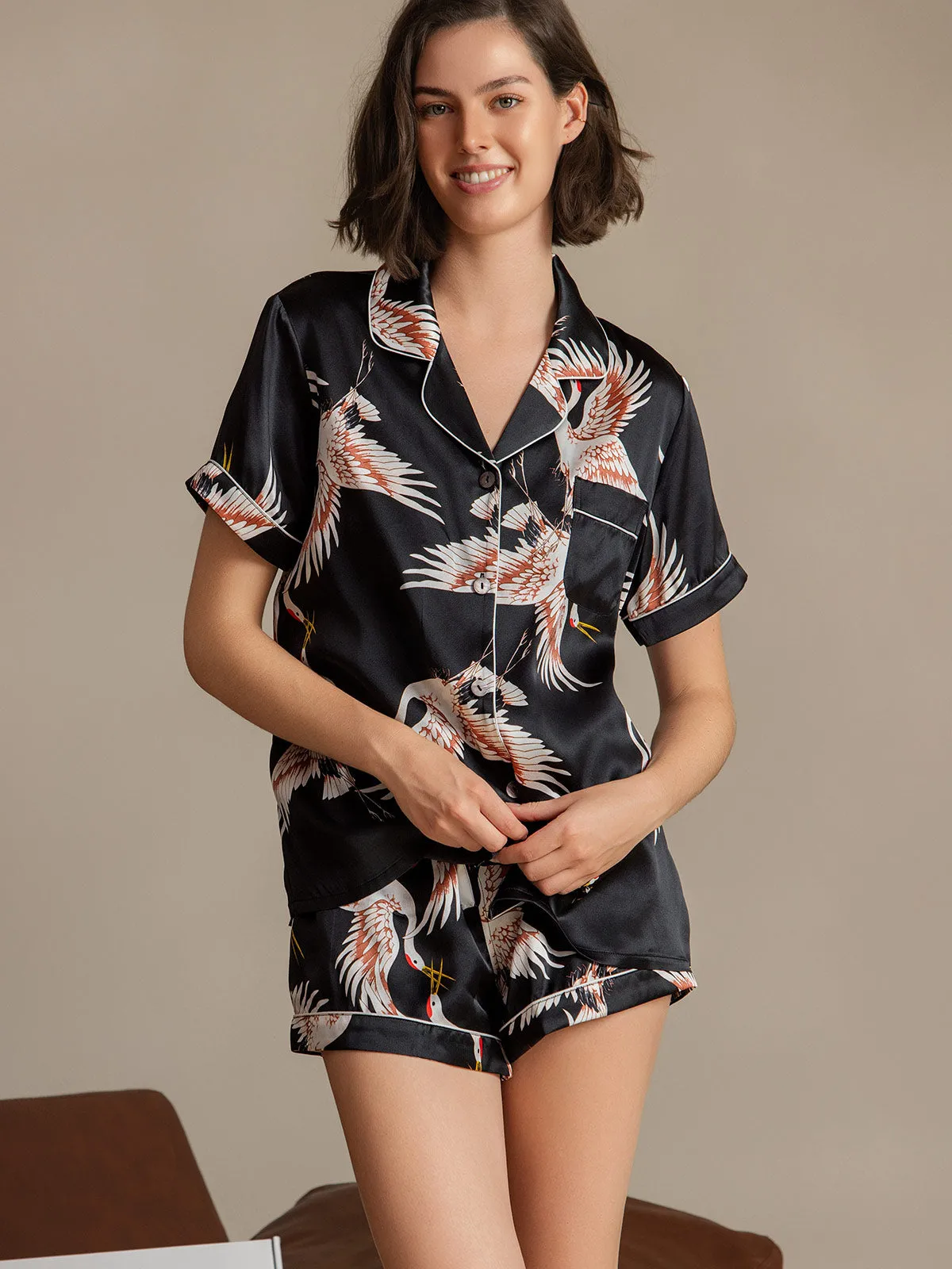 19Momme Dames 100% Moerbeizijde Kranenprint Korte Mouw Pyjama Set