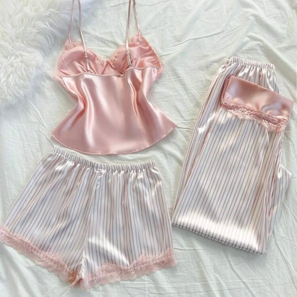 Abel Silk Lace Pajamas Stripes Set - Pink