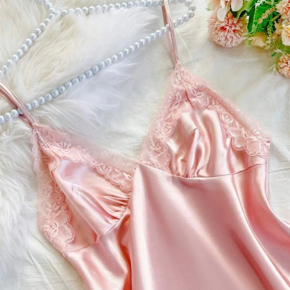 Abel Silk Lace Pajamas Stripes Set - Pink