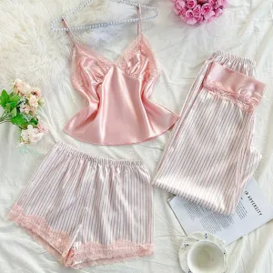 Abel Silk Lace Pajamas Stripes Set - Pink