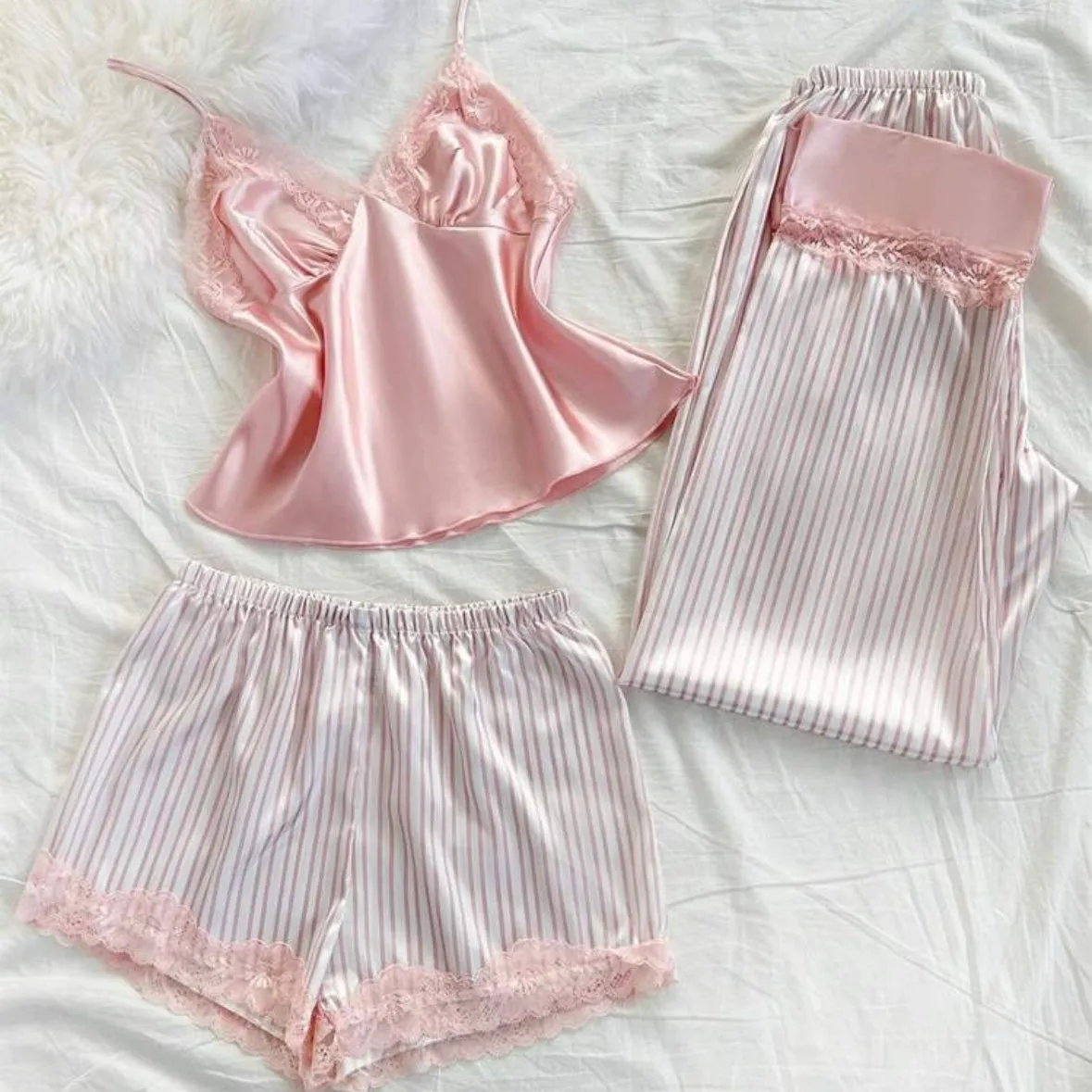 Abel Silk Lace Pajamas Stripes Set - Pink