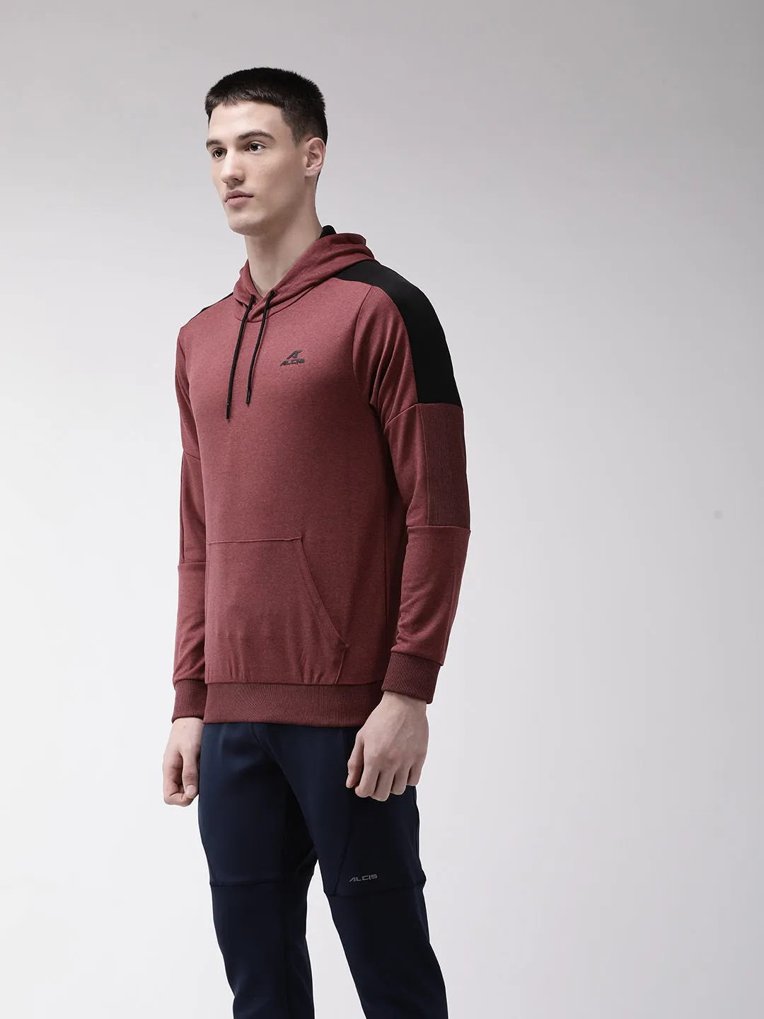 Alcis Men Maroon Solid Hooded Sweatshirt
