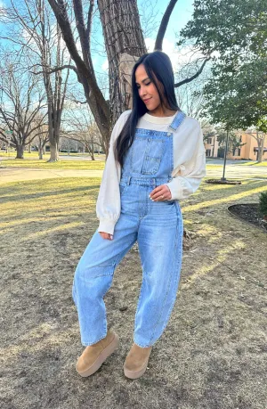 Always Flirty Denim Barrel Overalls
