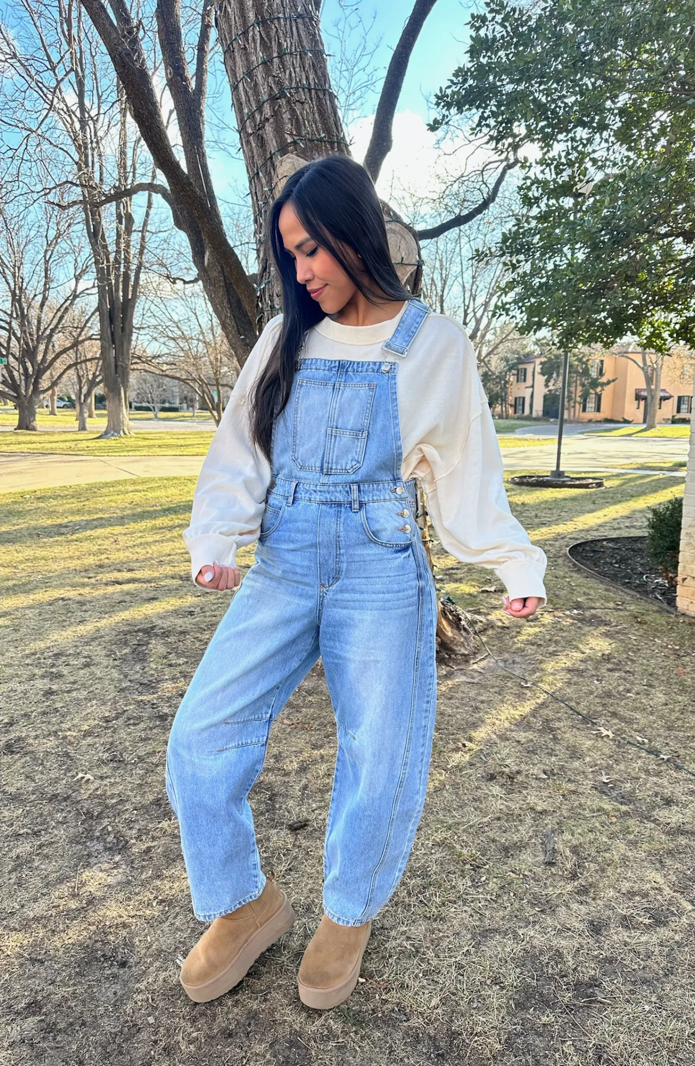 Always Flirty Denim Barrel Overalls