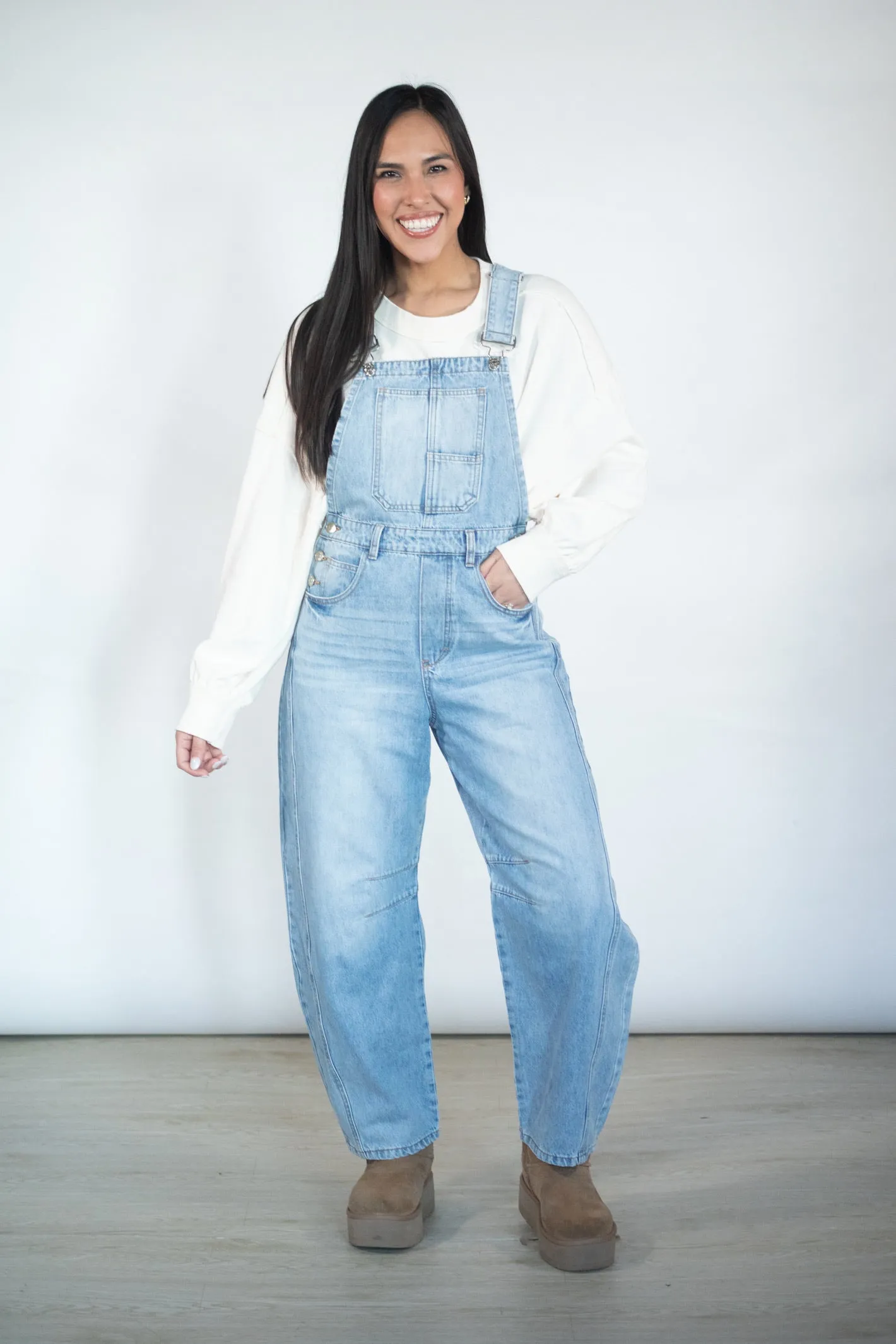 Always Flirty Denim Barrel Overalls