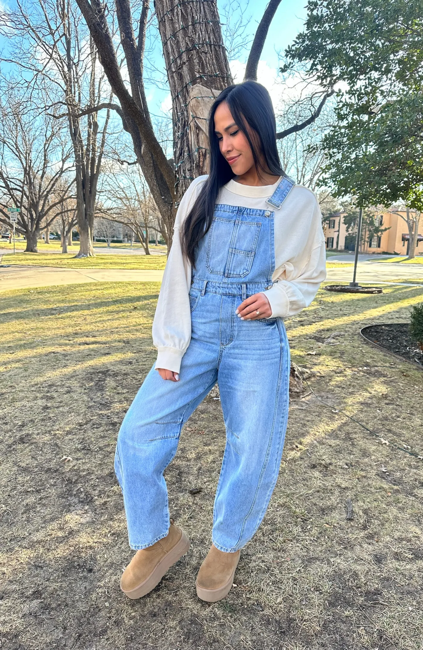 Always Flirty Denim Barrel Overalls