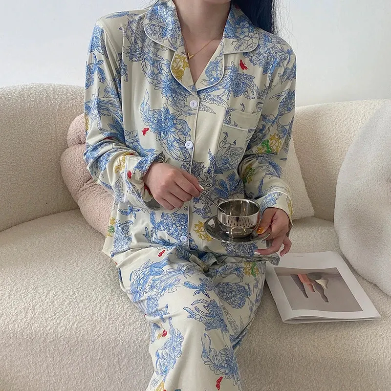Autumn Winter New Ice Silk Women's Home Clothes Lapel Button Cardigan 2 Piece Outfit Set Women Senior Printing Pajamas for Women