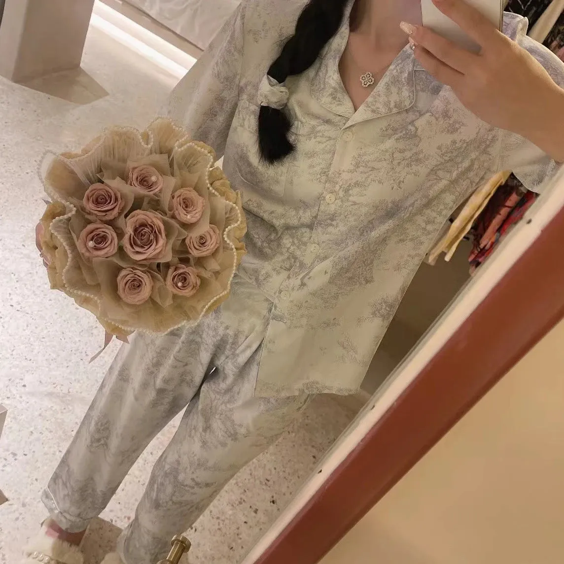 Autumn Winter New Ice Silk Women's Home Clothes Lapel Button Cardigan 2 Piece Outfit Set Women Senior Printing Pajamas for Women