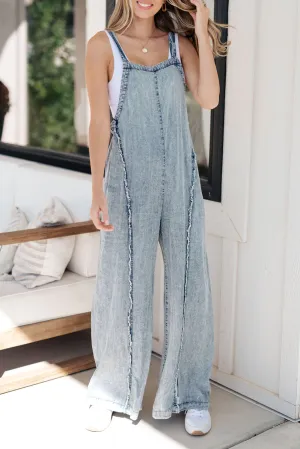 Beau Blue Light Wash Frayed Exposed Seam Wide Leg Denim Overall