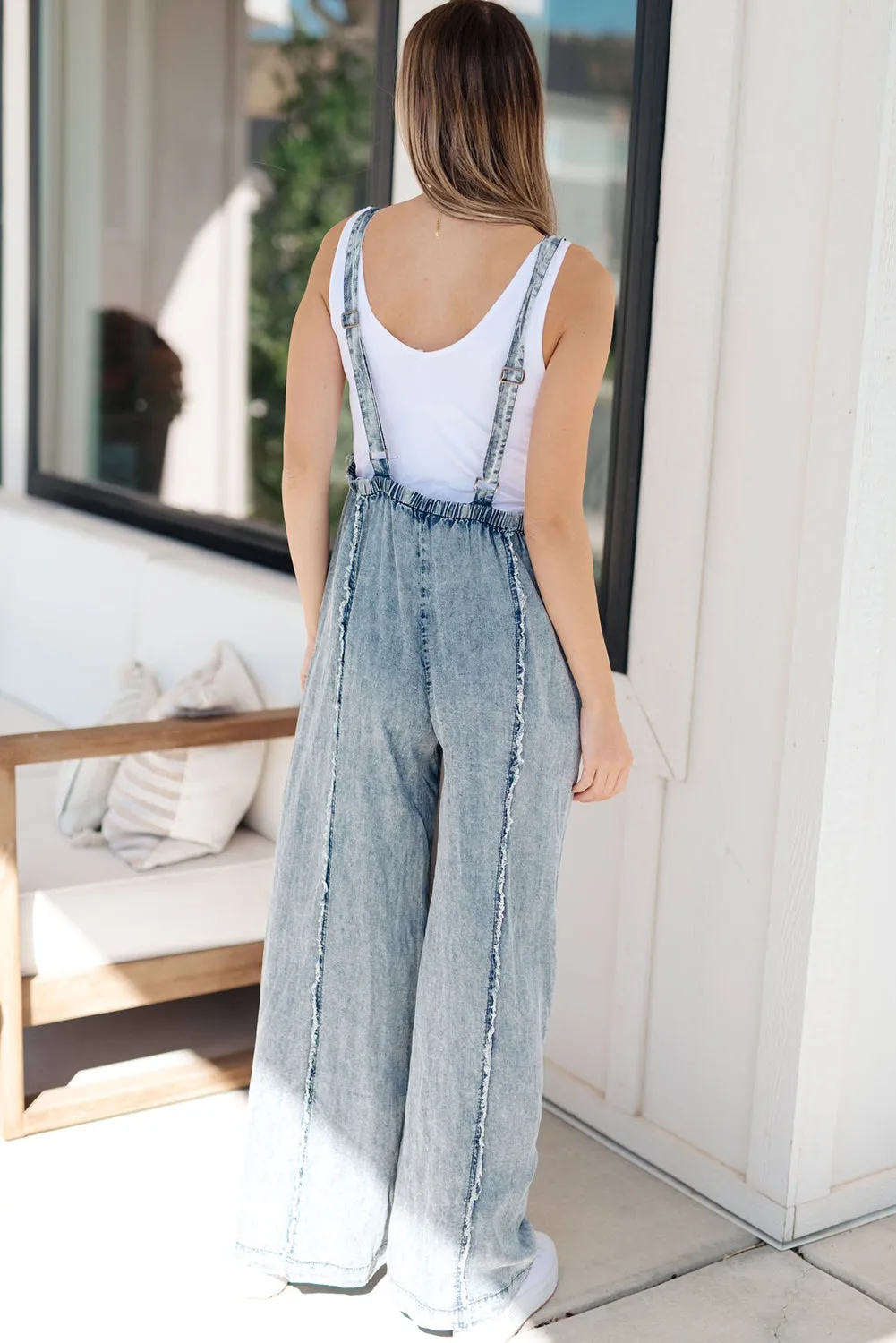 Beau Blue Light Wash Frayed Exposed Seam Wide Leg Denim Overall