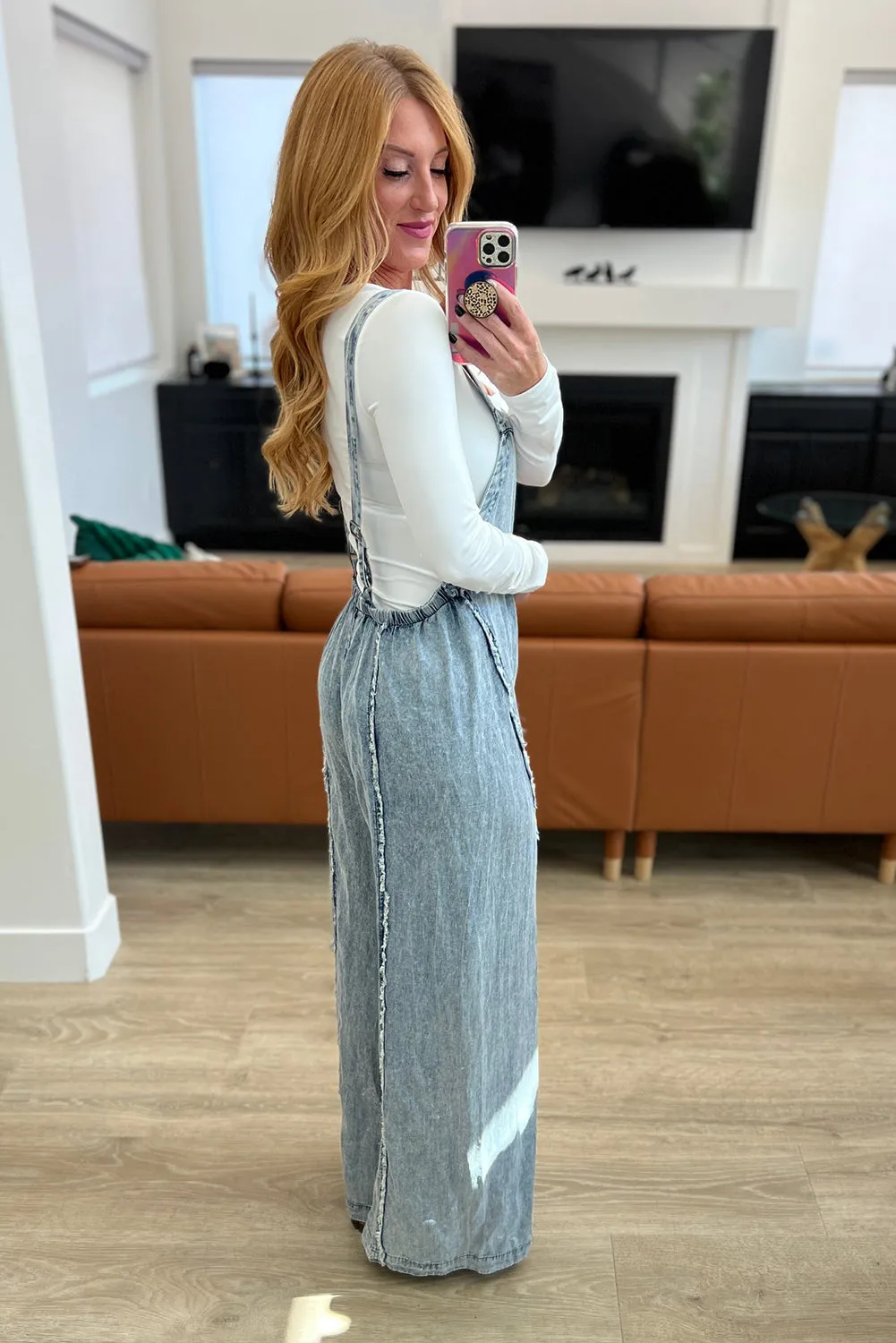 Beau Blue Light Wash Frayed Exposed Seam Wide Leg Denim Overall
