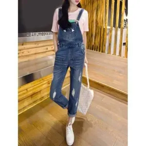 Broken Hole Pocket Design Overalls - Denim Blue S