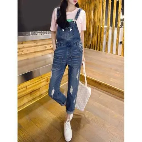 Broken Hole Pocket Design Overalls - Denim Blue S