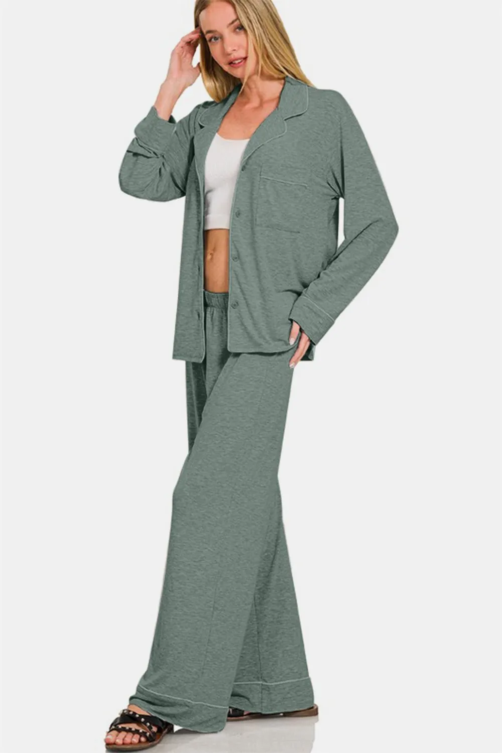 Button Down Long Sleeve Lounge Set