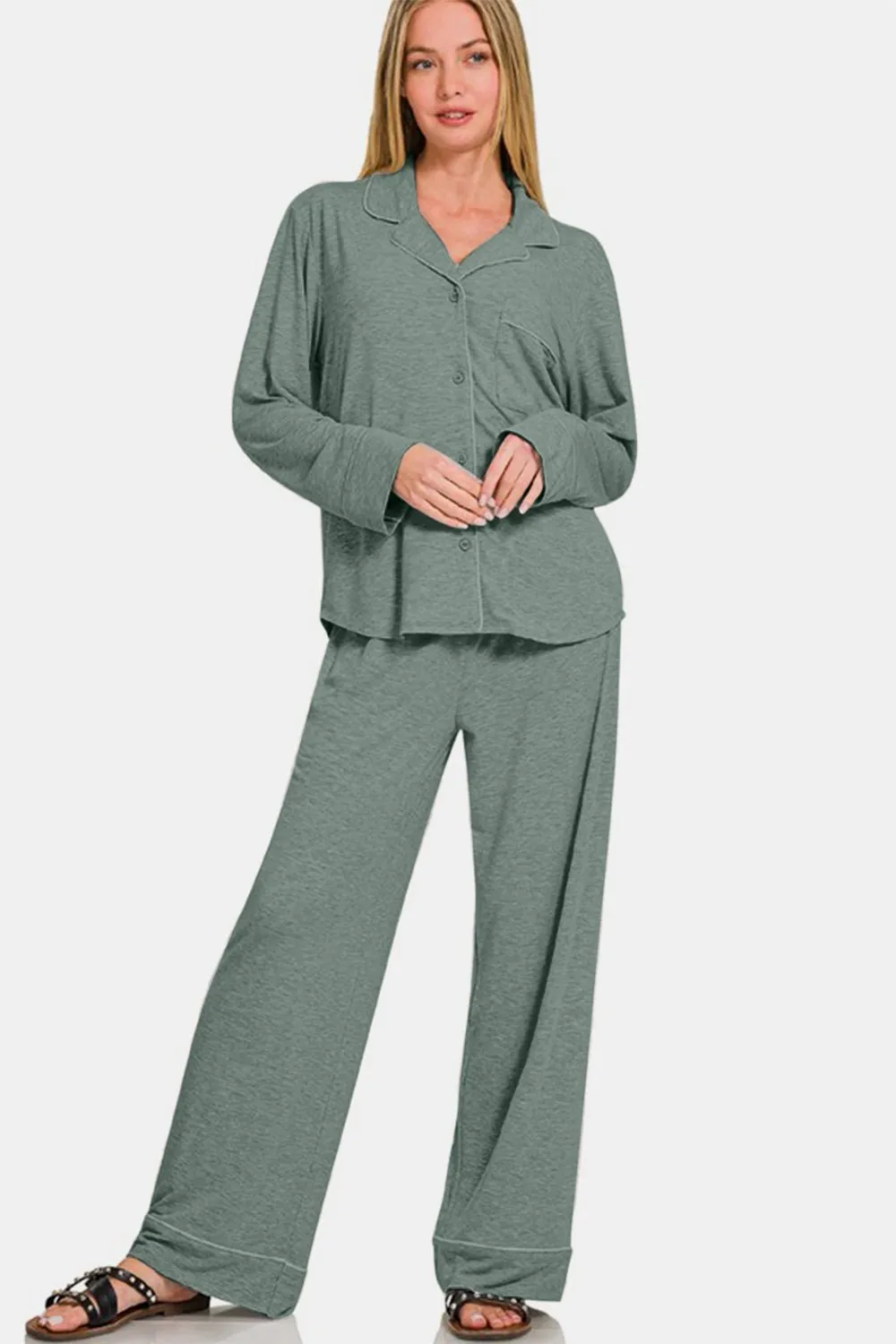 Button Down Long Sleeve Lounge Set