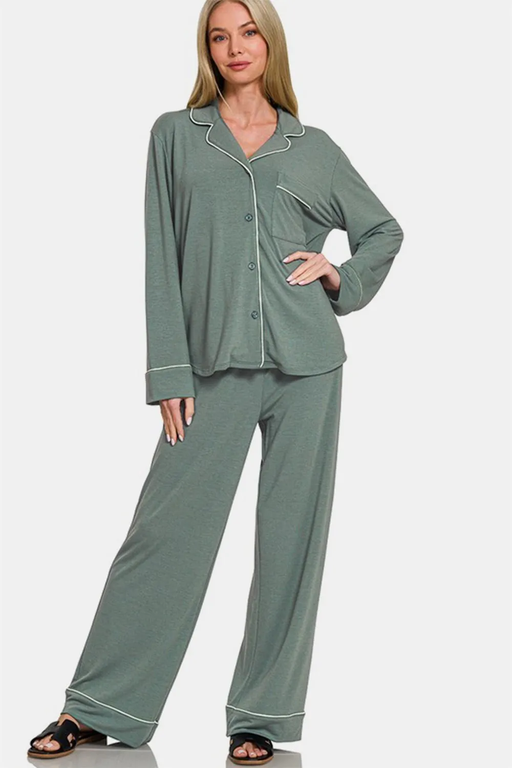 Button Down Long Sleeve Lounge Set