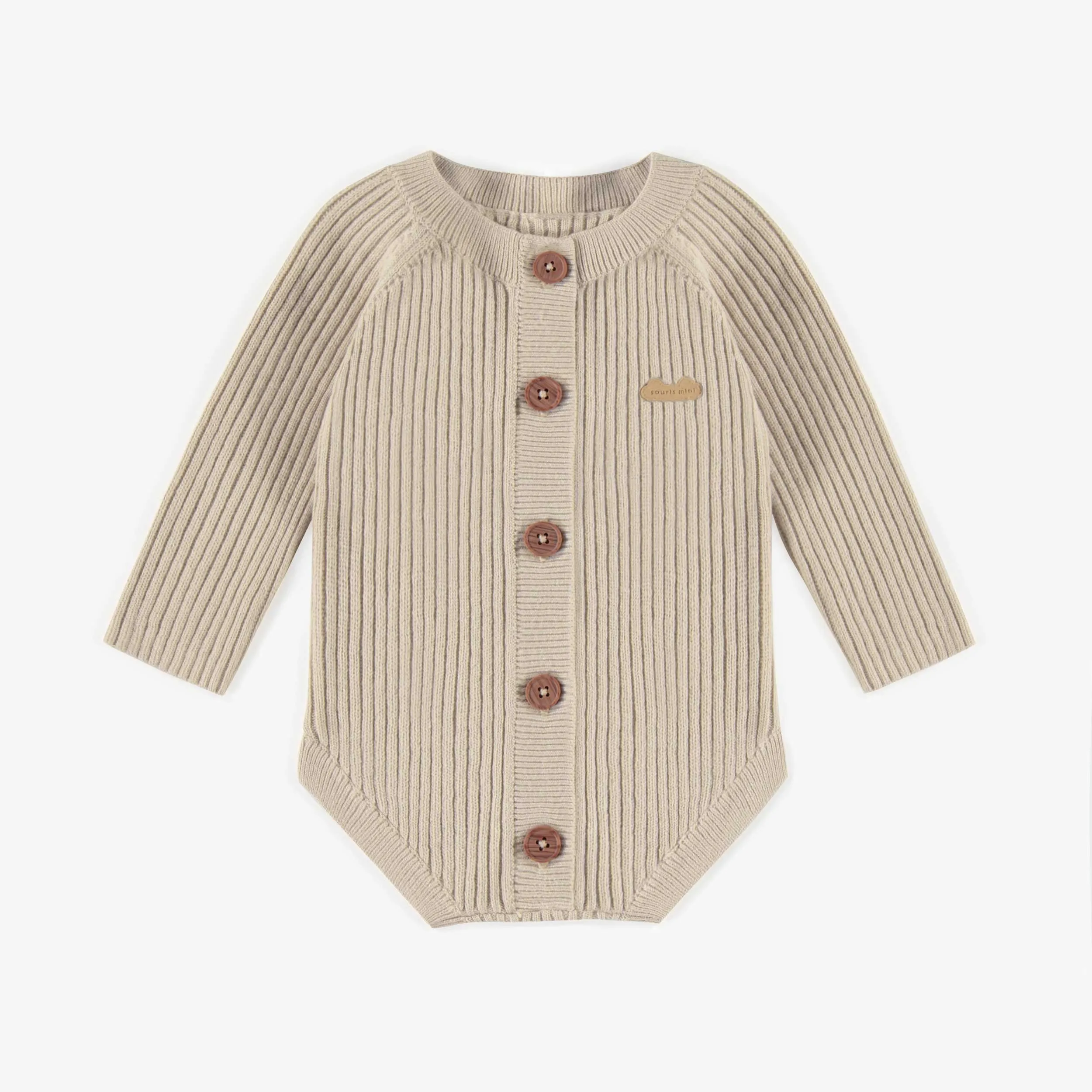 Cache-couche de maille crème à manches longues, naissance || Cream long sleeves bodysuit in knitwear, newborn