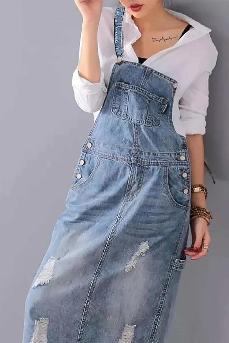 Chouyatou Women's Adjustable Strap Distressed Denim Overall Dress A-Line Pinafore Jean Dress with Split