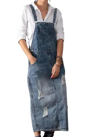 Chouyatou Women's Adjustable Strap Distressed Denim Overall Dress A-Line Pinafore Jean Dress with Split