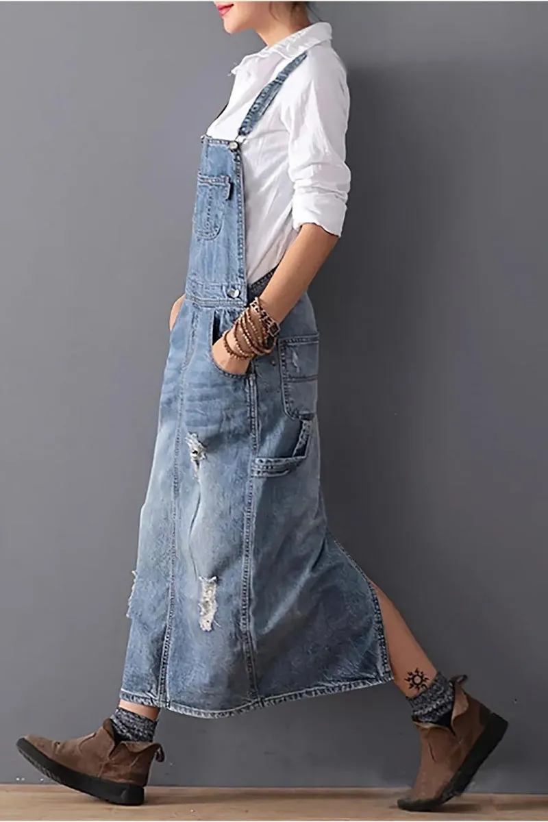 Chouyatou Women's Adjustable Strap Distressed Denim Overall Dress A-Line Pinafore Jean Dress with Split
