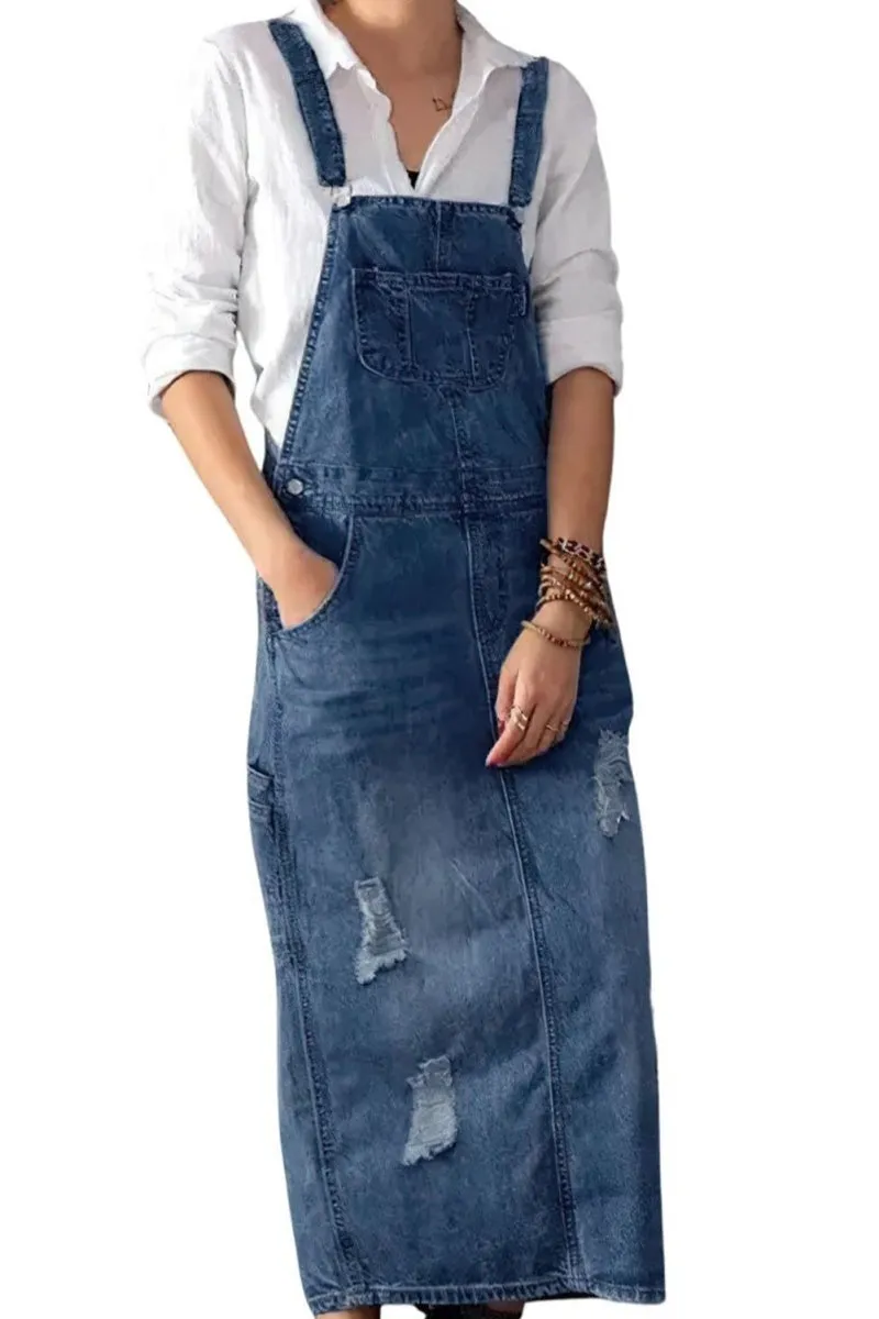 Chouyatou Women's Adjustable Strap Distressed Denim Overall Dress A-Line Pinafore Jean Dress with Split