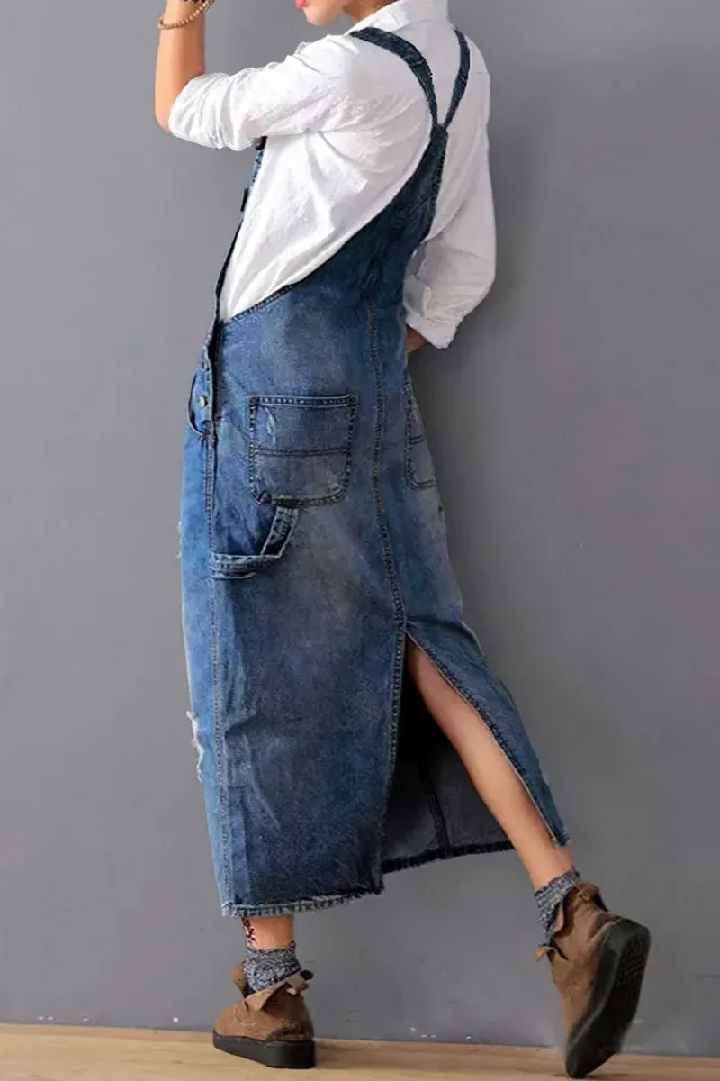 Chouyatou Women's Adjustable Strap Distressed Denim Overall Dress A-Line Pinafore Jean Dress with Split