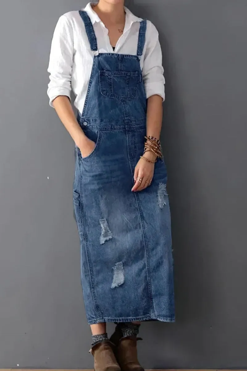 Chouyatou Women's Adjustable Strap Distressed Denim Overall Dress A-Line Pinafore Jean Dress with Split