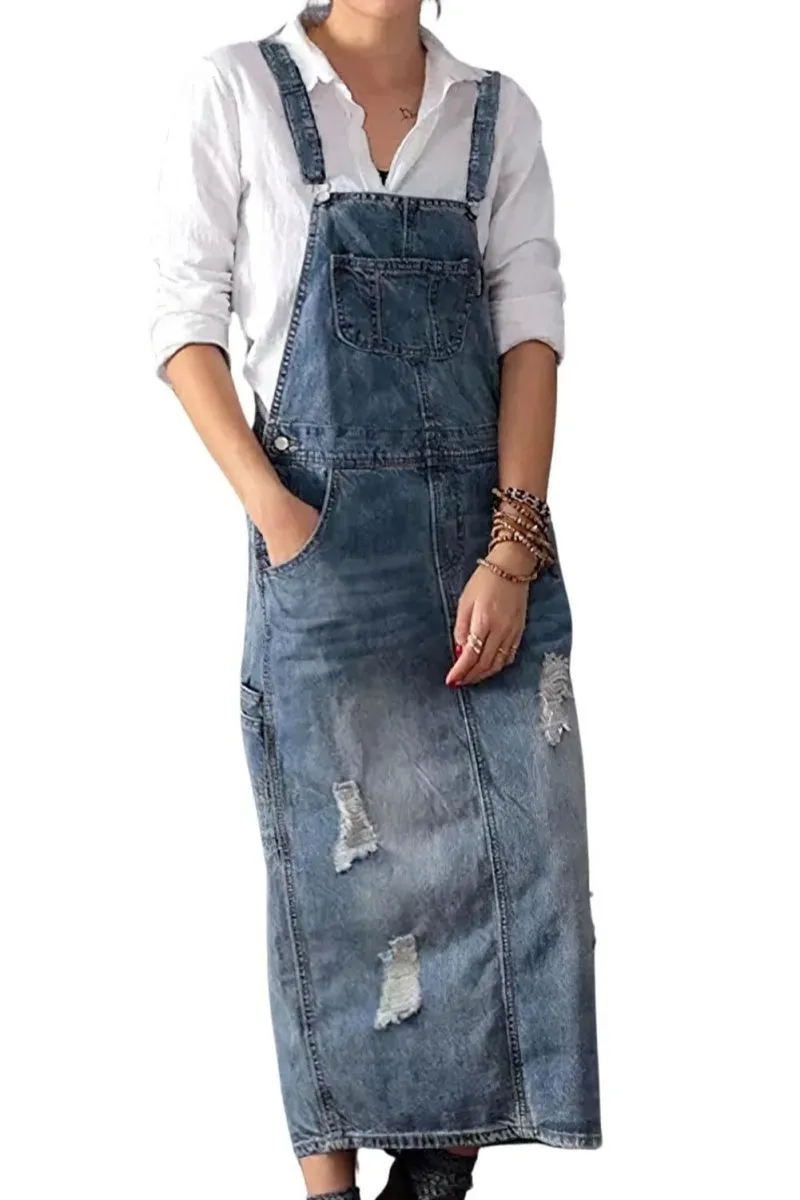 Chouyatou Women's Adjustable Strap Distressed Denim Overall Dress A-Line Pinafore Jean Dress with Split