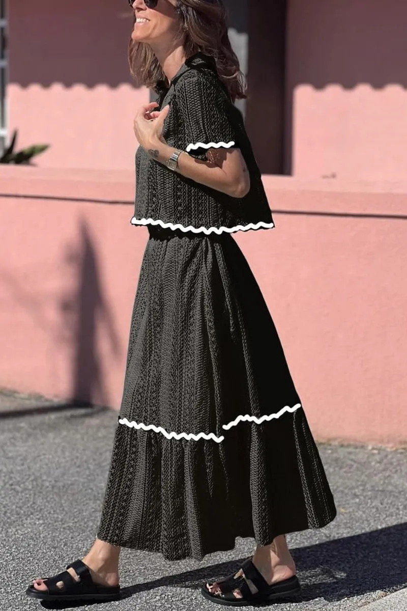 Chouyatou Women's Crochet Knit 2 Piece Outfits Eyelet V-Neck Collared Pullover Shirt A-Line Skirt Sets Loungewear