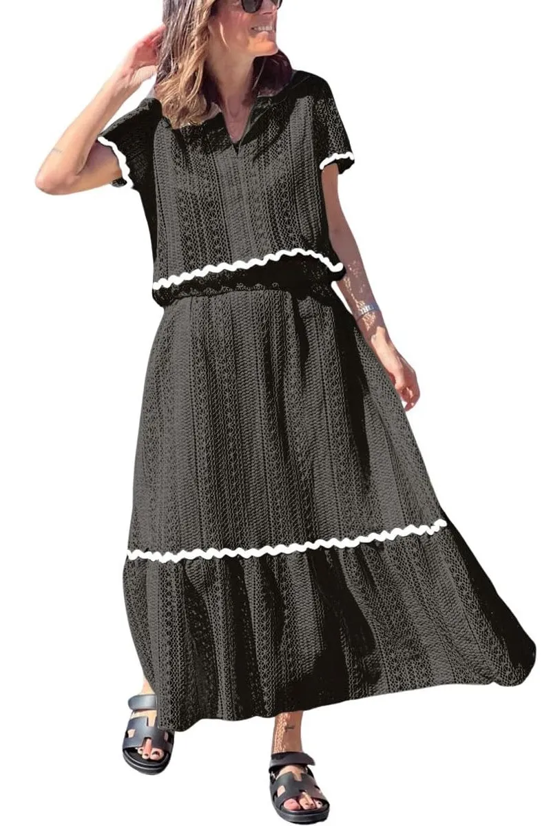 Chouyatou Women's Crochet Knit 2 Piece Outfits Eyelet V-Neck Collared Pullover Shirt A-Line Skirt Sets Loungewear