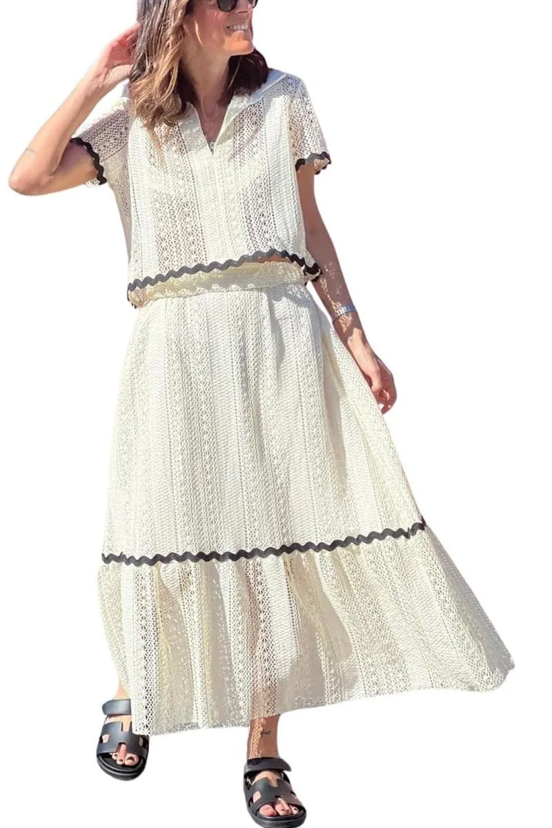 Chouyatou Women's Crochet Knit 2 Piece Outfits Eyelet V-Neck Collared Pullover Shirt A-Line Skirt Sets Loungewear