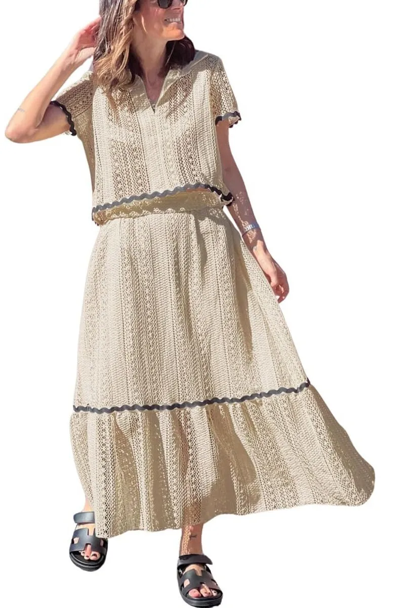 Chouyatou Women's Crochet Knit 2 Piece Outfits Eyelet V-Neck Collared Pullover Shirt A-Line Skirt Sets Loungewear