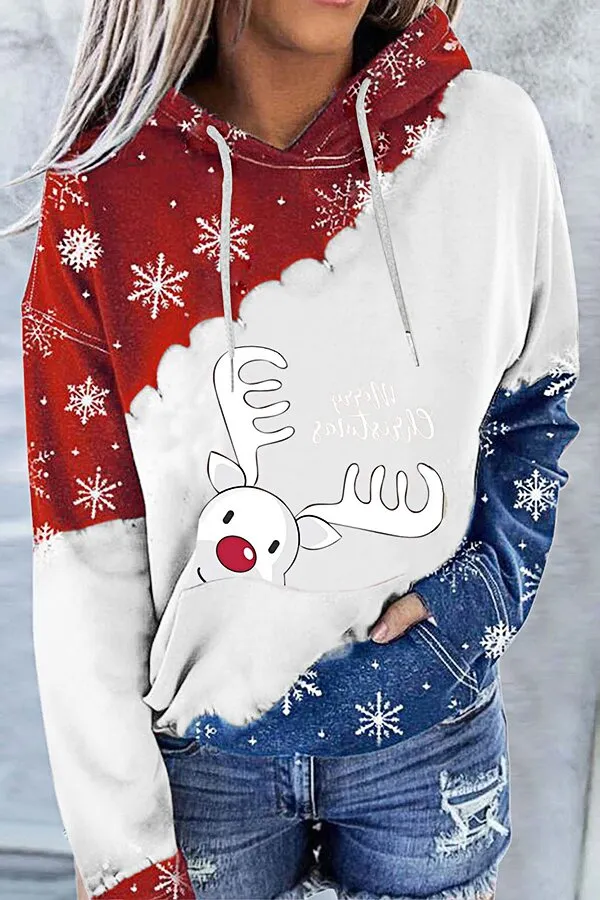 Christmas Elk Print Crew Neck Hoodie