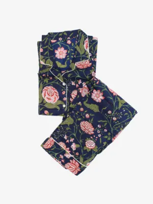 Cotton Pajamas-Navy and Pink Floral  Print