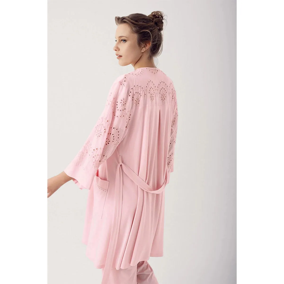 Dantelli Cotton 3 pcs Maternity Robe Pajamas Set- pink