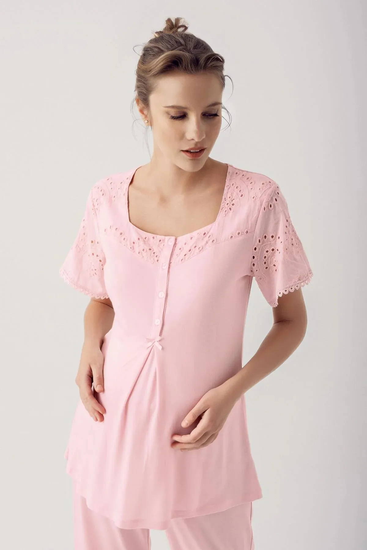 Dantelli Cotton 3 pcs Maternity Robe Pajamas Set- pink