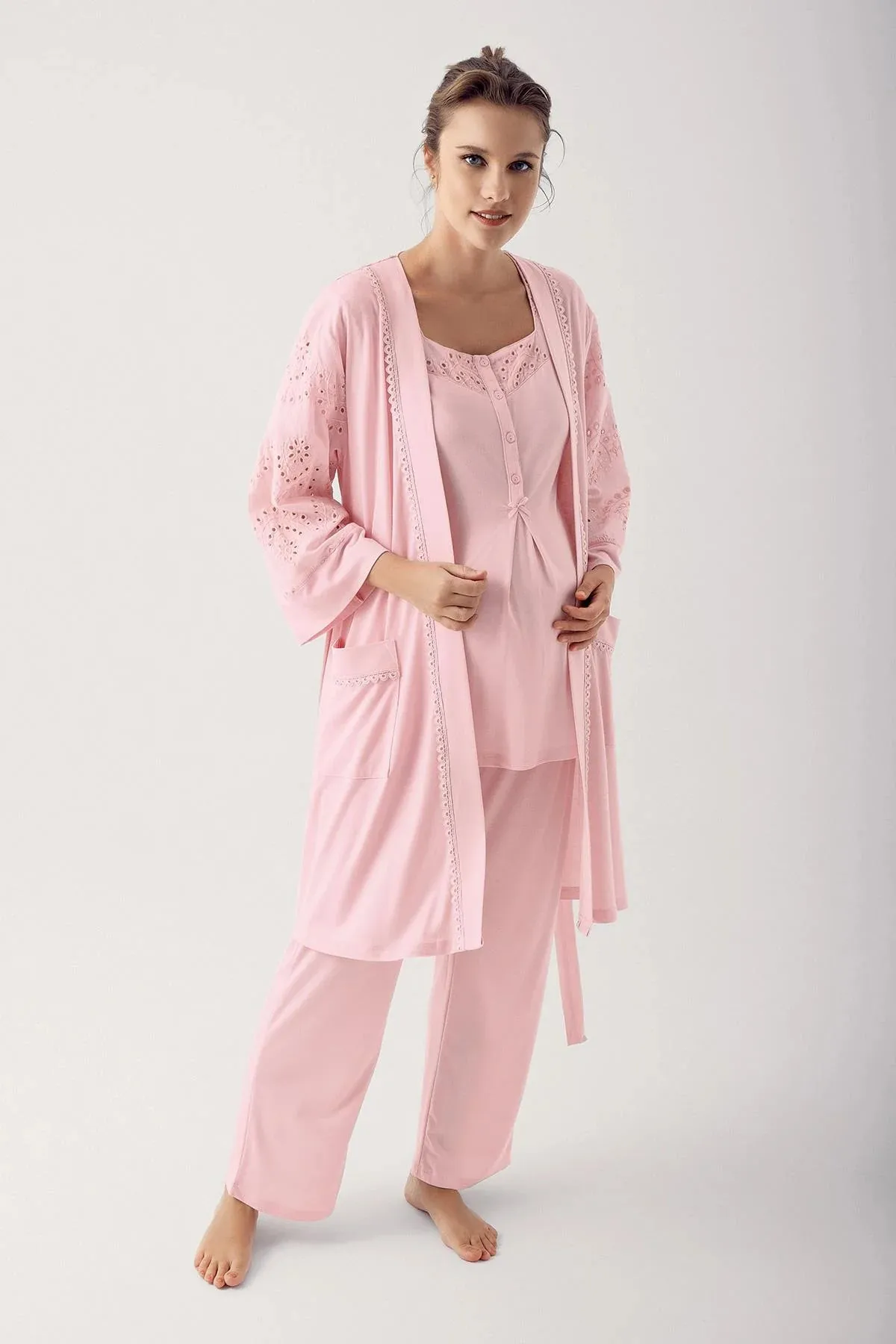 Dantelli Cotton 3 pcs Maternity Robe Pajamas Set- pink