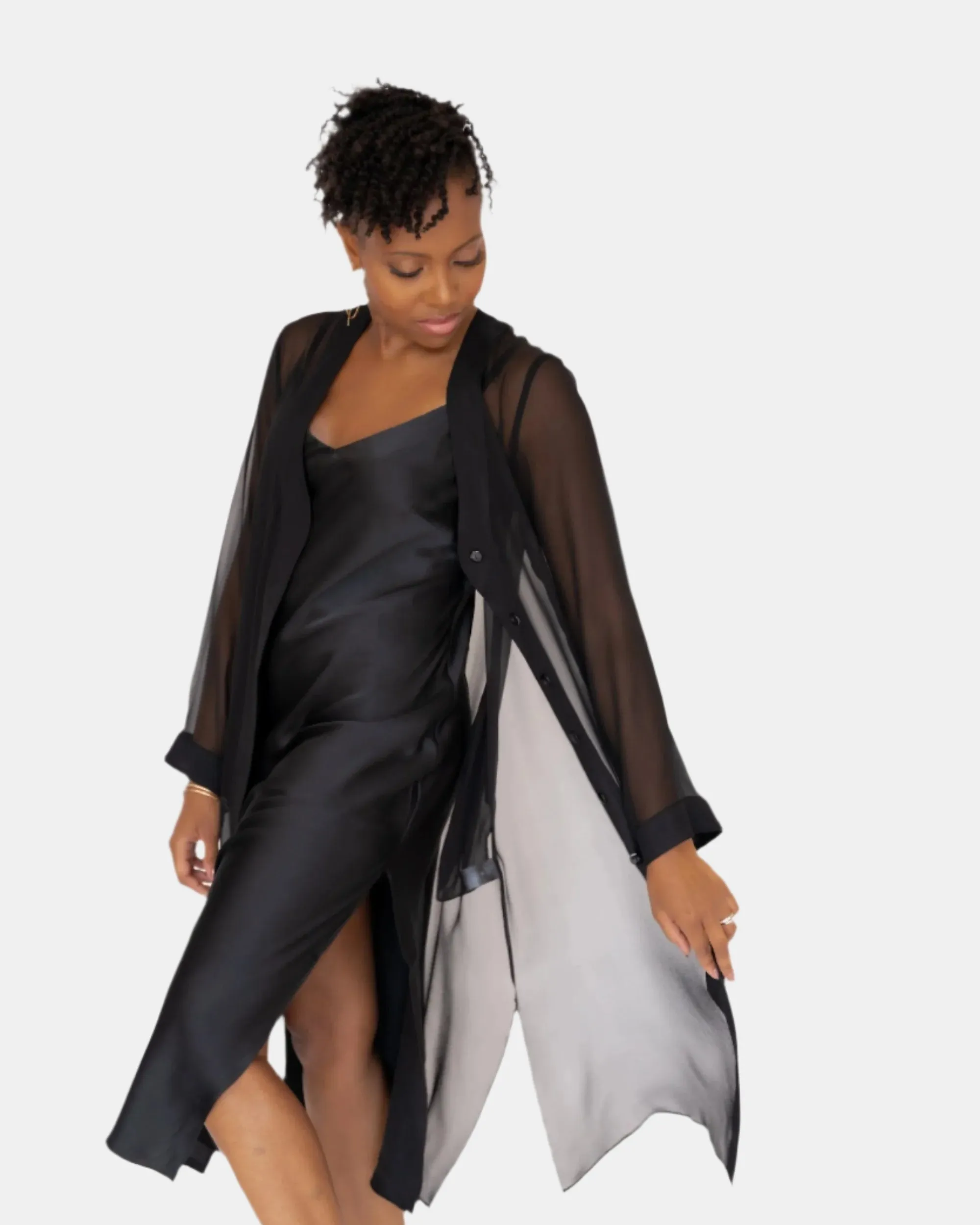 DONNA SILK CHIFFON NIGHTDRESS & LOLA SILK CHEMISE SET IN NOIRE